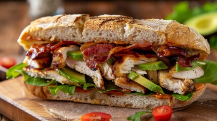A delicious-looking sandwich with grilled chicken, avocado, and bacon on ciabatta bread