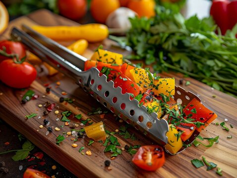 Stainless steel kitchen tongs holding grilled vegetables