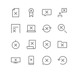 Set of reject related icons, refuse, cancellation, decline and linear variety vectors.	

