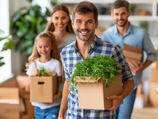 happy family carrying boxes into their new home, celebrating their arrival.