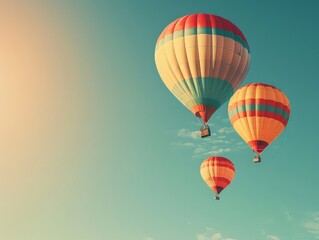 Fototapeta premium Brightly colored hot air balloons floating in a clear sky, with space for text.