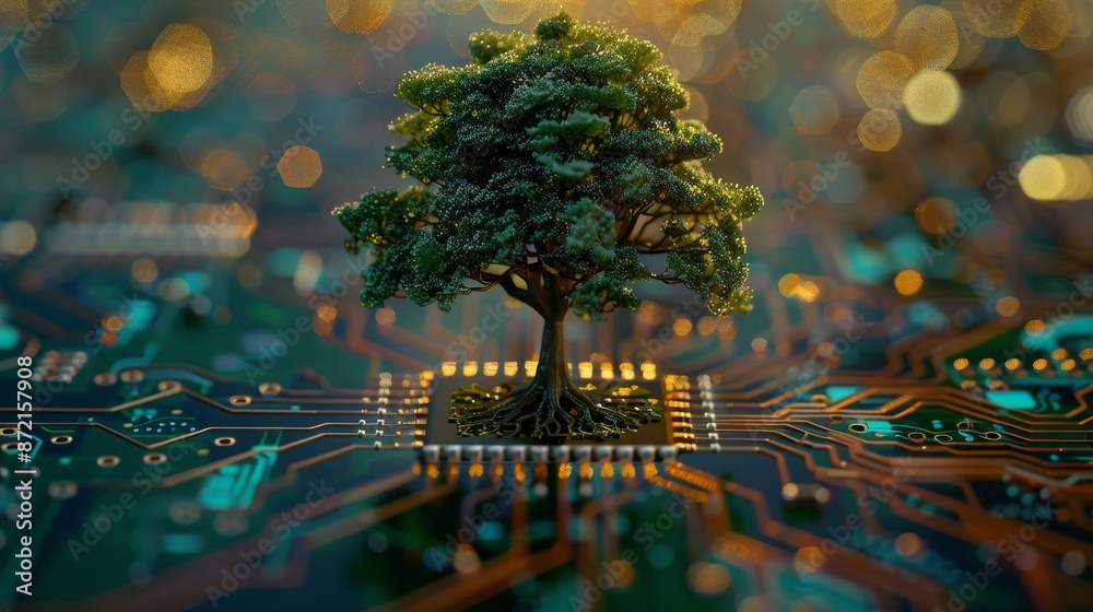 Poster the futuristic polygonal illustration depicts a digital environment with an illuminated neon tree ag