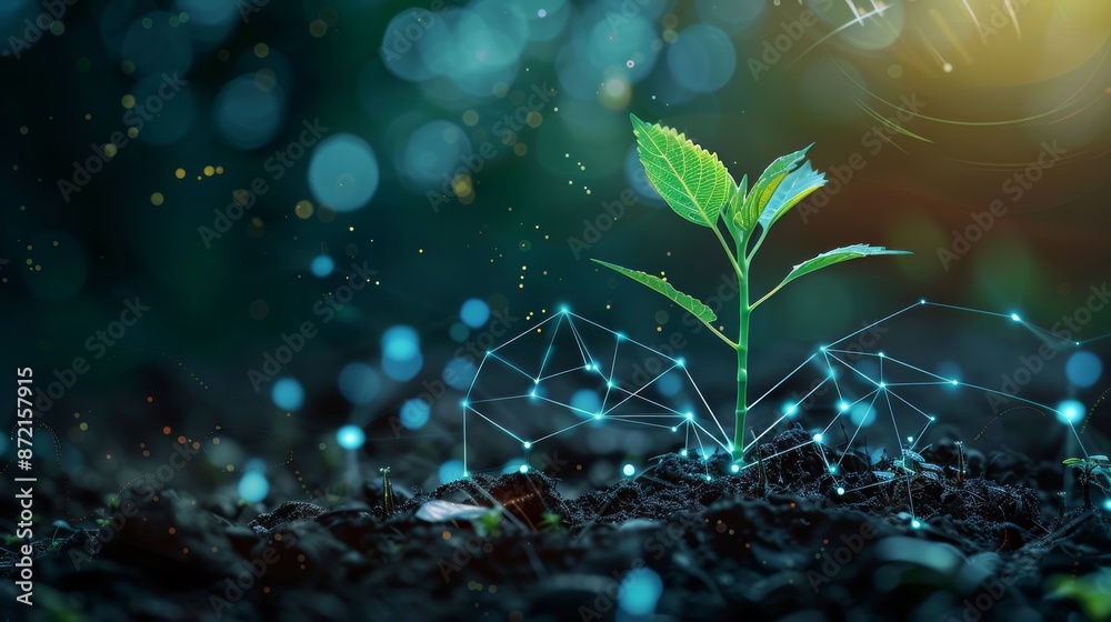 Poster plant in soil with a drop of water. low poly design on blue geometric background. isolated on a whit