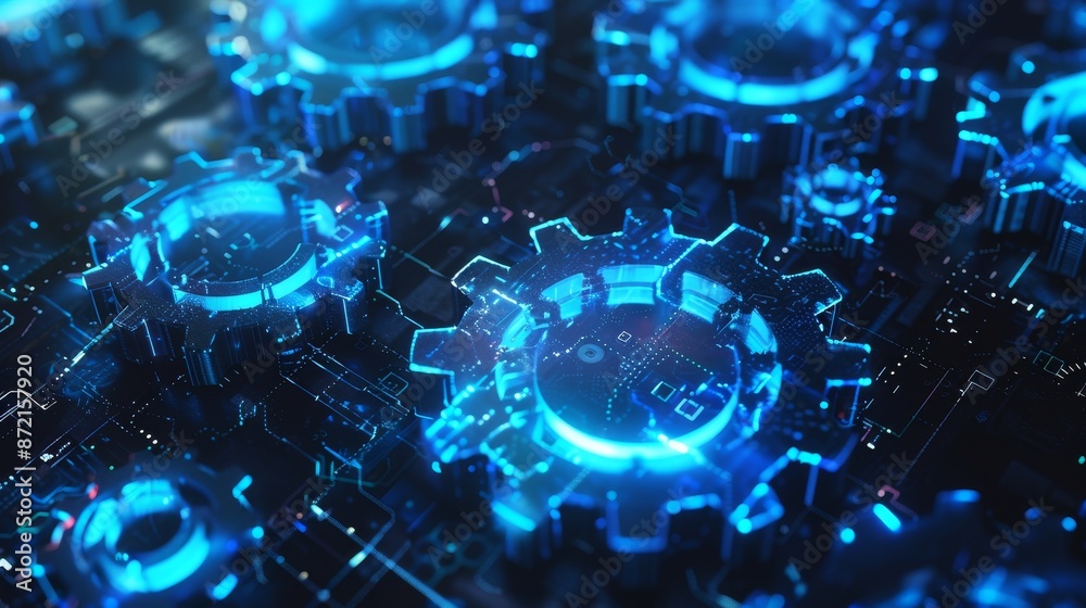 Poster Cogs and gear wheels concept in low polygonal mesh of blue dots, lines, and shapes in wireframe. ISO standards quality control concept.