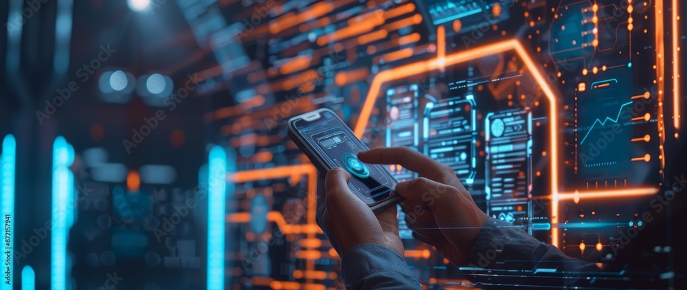 Poster Stock (AI) chatbot uses technology to converse with man using smart robots and AI.