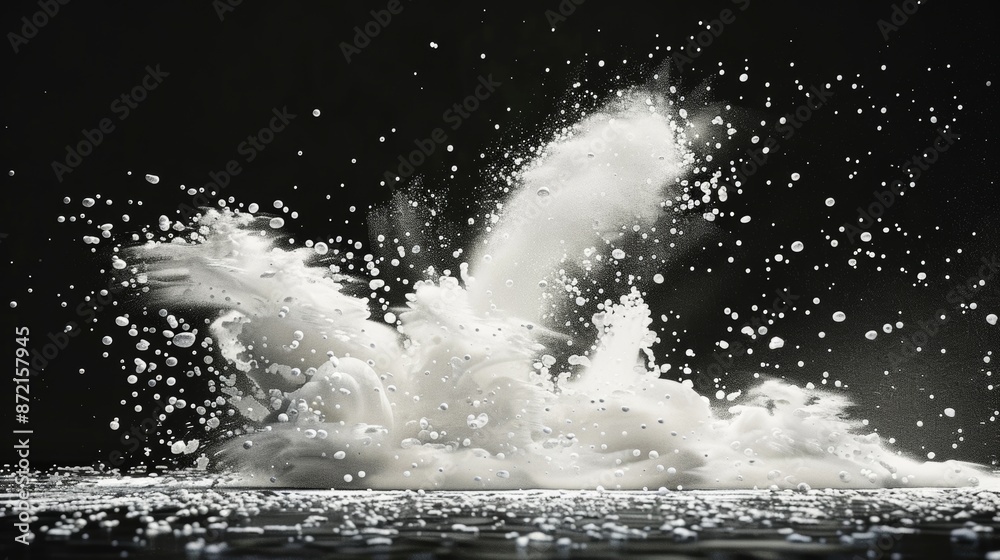 Poster this is an isolated white fragrance aerosol texture with a black abstract cosmetic haze. a realistic