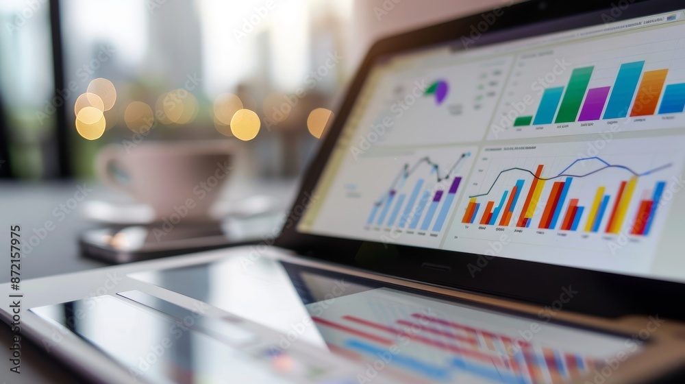 Poster analysis of screen charts, kpi metrics dashboards for sales and business results evaluations, and st