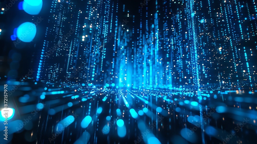 Fototapete Buildings in a matrix style; binary cities of blue light; abstract technology background;