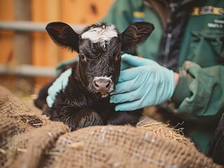 veterinarian examining a calf, illustrating animal care and health on the farm. © Lamina