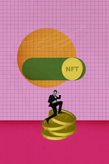 Vertical poster collage young businessman celebrate success rich income profit trader golden...