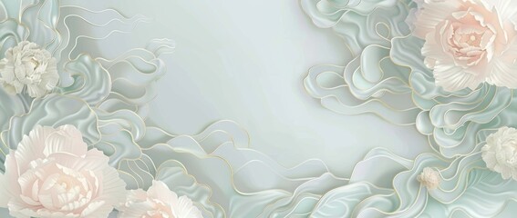 Decoration with hand-drawn Chinese clouds and peonies on a vintage banner. A crane bird element is accompanied by a banner of art abstracts.