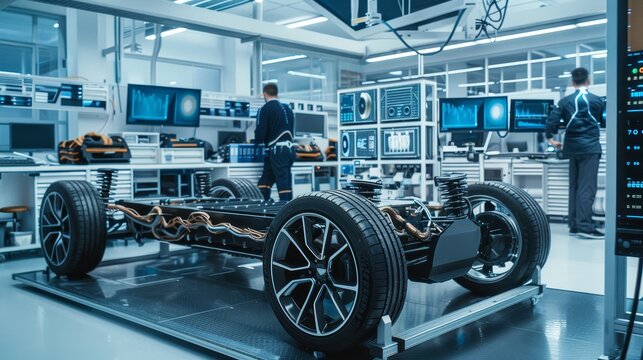 A high-tech development lab houses a computer and 3D CAD software for testing an electric car chassis stand-alone with wheels, batteries, and engine.