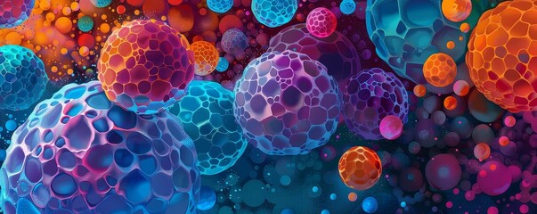 Artistic representation of cell research with geometric shapes and vibrant colors, Modern, Bright hues, Digital painting