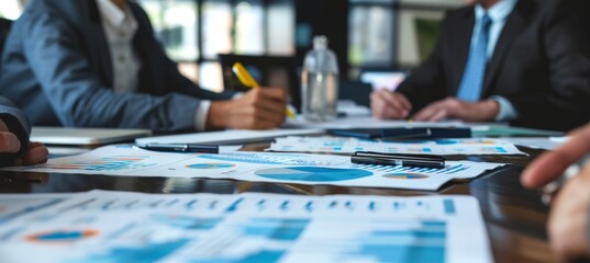 Business Strategy Meeting with Financial Reports and Projections in Modern Office Setting