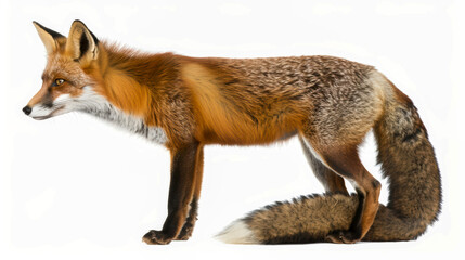 Full body profile of fox isolated on white background with copyspace area.