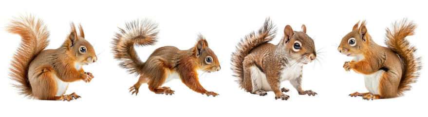 Fototapeta premium Playful Red Squirrels in Various Poses collection cut out transparent isolated on white background PNG