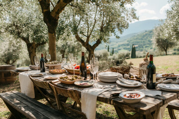 Italian summer dining table outdoor with sunshine, olives and wine