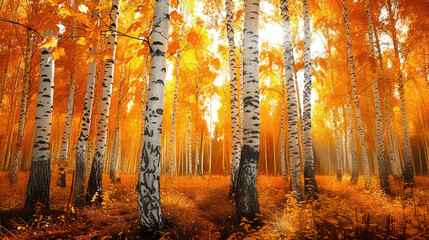 Fototapeta premium Autumn birch grove or forest with fallen yellow leaves and white tree trunks creates picturesque landscape, capturing essence of season. Serene mood.