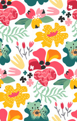 Vector seamless pattern with bright flowers and leaves. Endless floral background.