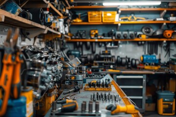 Naklejka premium Clean and Organized Engine Repair Workshop with Neatly Arranged Tools and Engine Components