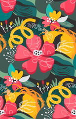 Vector seamless pattern with bright flowers and leaves. Endless floral background.