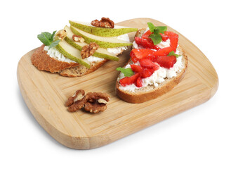 Delicious bruschettas with fresh ricotta (cream cheese), strawberry, mint and pear isolated on white