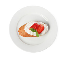 Delicious ricotta bruschetta with strawberry and mint isolated on white, top view