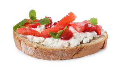Delicious bruschetta with fresh ricotta (cream cheese), strawberry and mint isolated on white