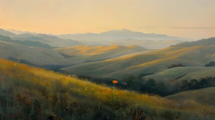 Obraz premium Serene Impressionist-Inspired Landscape of Muted Hills and Vibrant Wildflower