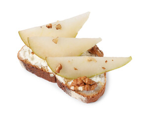 Delicious ricotta bruschetta with pear and walnut isolated on white