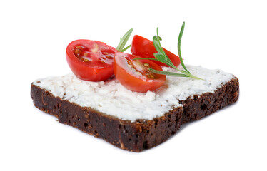 Delicious ricotta bruschetta with cherry tomatoes and rosemary isolated on white
