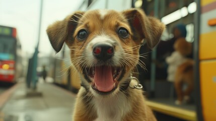 Excited Puppy at a Busy Bus Station | Perfect for Pet Lovers, Travel Enthusiasts, and Stock Photography