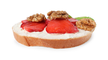 Delicious bruschetta with ricotta cheese, strawberries and walnuts isolated on white