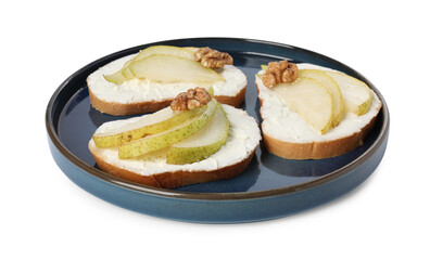 Delicious bruschettas with ricotta cheese, pears and walnuts isolated on white