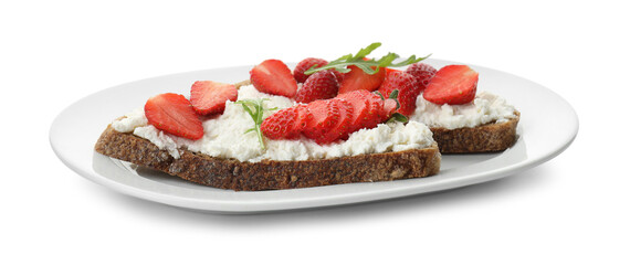 Delicious ricotta bruschettas with strawberry and arugula isolated on white