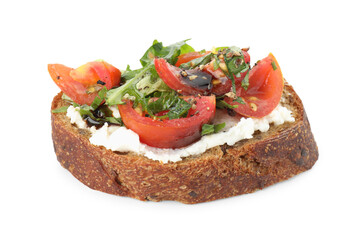 Delicious bruschetta with ricotta cheese, tomatoes and arugula isolated on white