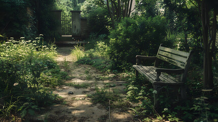 A dark, overgrown path with a stone wall and a door