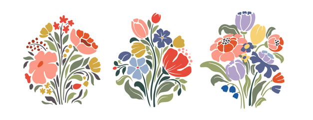 Set of three vector compositions in modern style with nature motifs, flowers and leaves