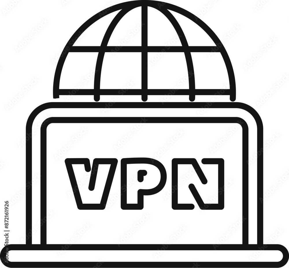 Poster laptop displaying vpn on the screen is covered by a globe, representing secure and private internet 