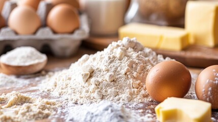 A kitchen counter filled with various baking ingredients: flour, sugar, eggs, and butter