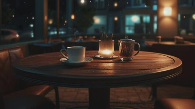 a cup of coffee and a glass of tea in a cafe, smooth and looping 4K virtual video animation background