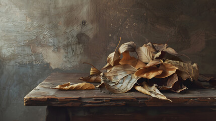 A table with a pile of leaves on it