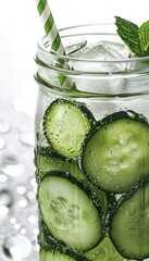 Refreshing Cucumber Infused Water in Mason Jar with Condensation and Striped Straw