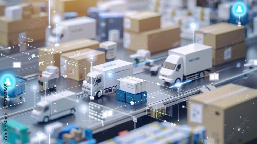 Poster A close-up view of a miniature model warehouse, featuring delivery trucks navigating an automated system with digital indicators.