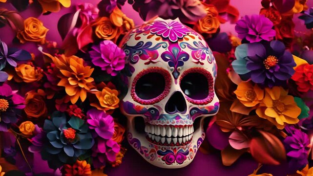 A vibrant, ornate sugar skull adorned with vibrant flowers , purple background. Traditional Mexican Day  of the Dead,   Dia de los Muertos 