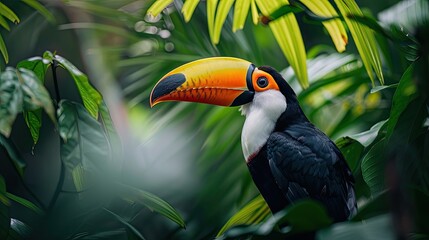 A close-up shot of a colorful toucan with a large beak, perched amidst lush green foliage in a dense jungle setting