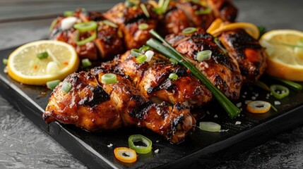 A platter of grilled chicken garnished with green onions and lemon slices, showcasing a delicious and perfectly cooked meal