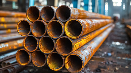 Stack of steel pipes in a metallurgical plant, factory or workshop. Heavy industry and iron materials.