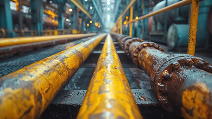 Stack of steel pipes in a metallurgical plant, factory or workshop. Heavy industry and iron materials.