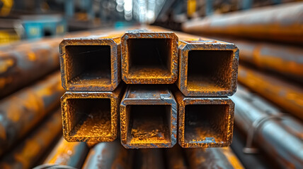 Stack of steel pipes in a metallurgical plant, factory or workshop. Heavy industry and iron materials.